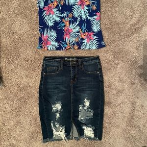 Distressed blue Jean pencil skirt.